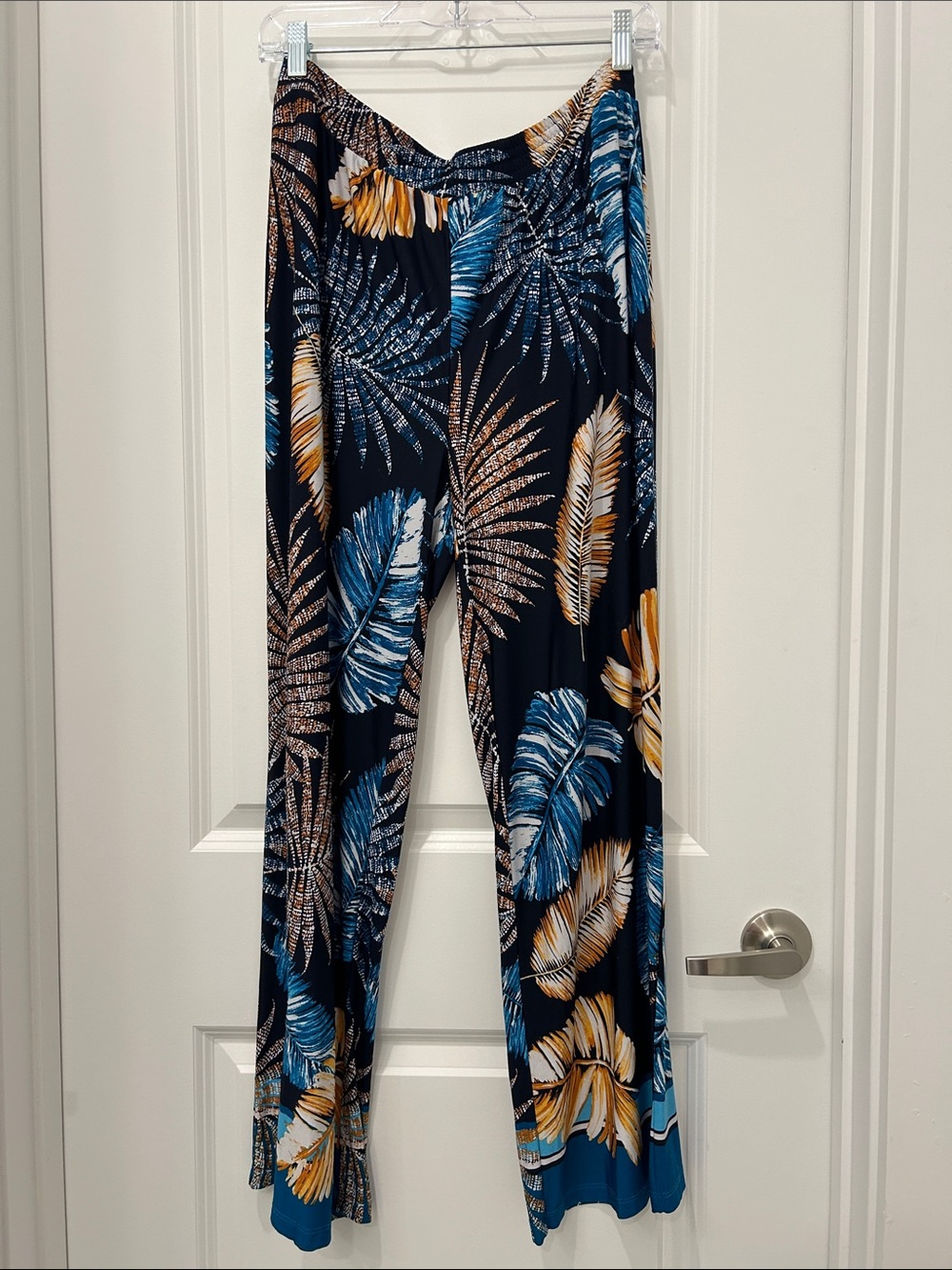 Tropical Leaf Print Wide Leg Pants - Navy, White, Blue & Orange.